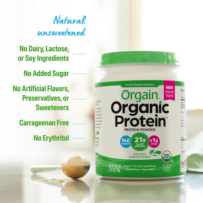Organic Unflavored Plant Based Protein Powder, Natural Unsweetened - 21G of Protein, Vegan, Non Dairy, Gluten Free, No Sugar Added, Soy Free, Non-Gmo, 1.59 Lb (Packaging May Vary)