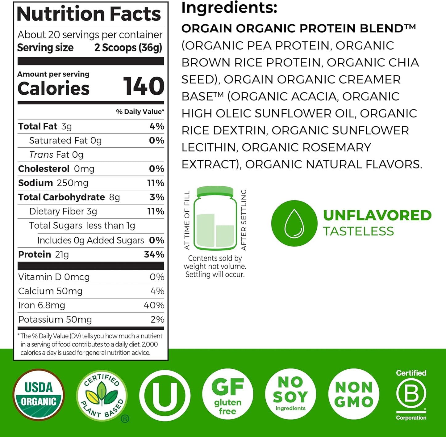 Organic Unflavored Plant Based Protein Powder, Natural Unsweetened - 21G of Protein, Vegan, Non Dairy, Gluten Free, No Sugar Added, Soy Free, Non-Gmo, 1.59 Lb (Packaging May Vary)